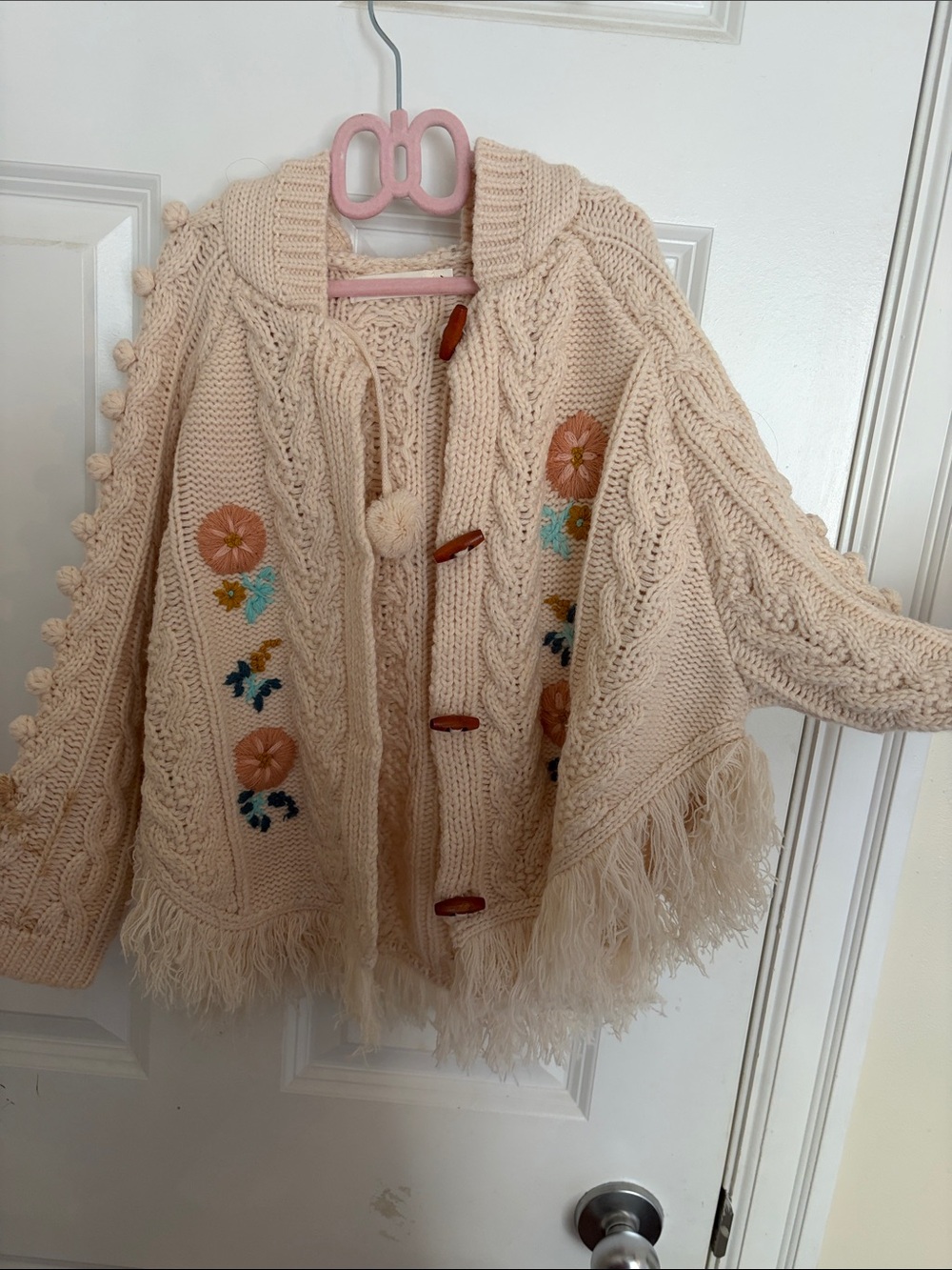 Girls' Cream Cable Knit Fringe Jacket with Embroidered Flowers